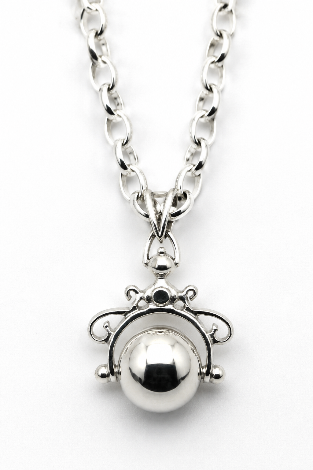 Sterling Silver 925 Belcher Necklace Chain 80cm + Spinner Ball Pendant