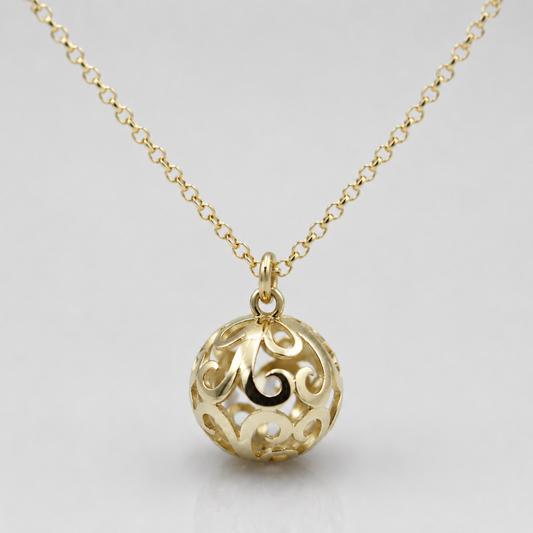 Genuine 9ct 9k 375 Yellow Gold Belcher Cable Chain Necklace 50cm + Filigree Ball Pendant