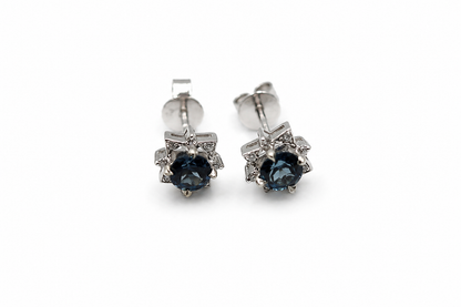 Genuine 18ct 18k 750 White Gold London Blue Topaz & Diamond Stud Earrings