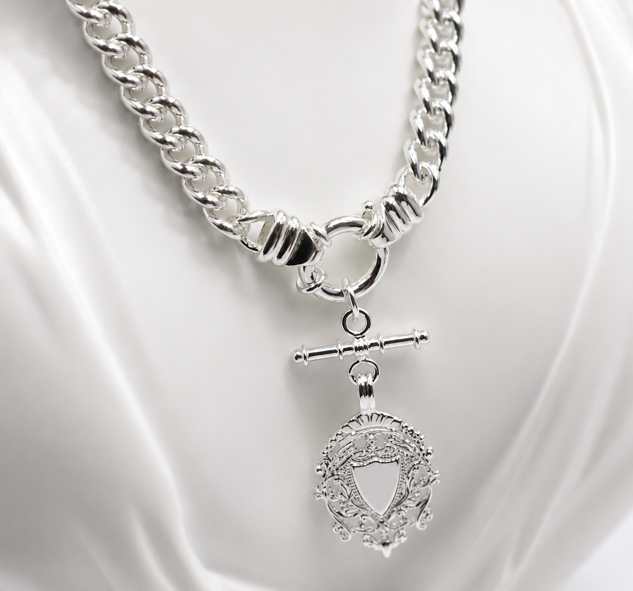 Genuine Sterling Silver 925 Heavy Curb Chain Necklace with T-Bar