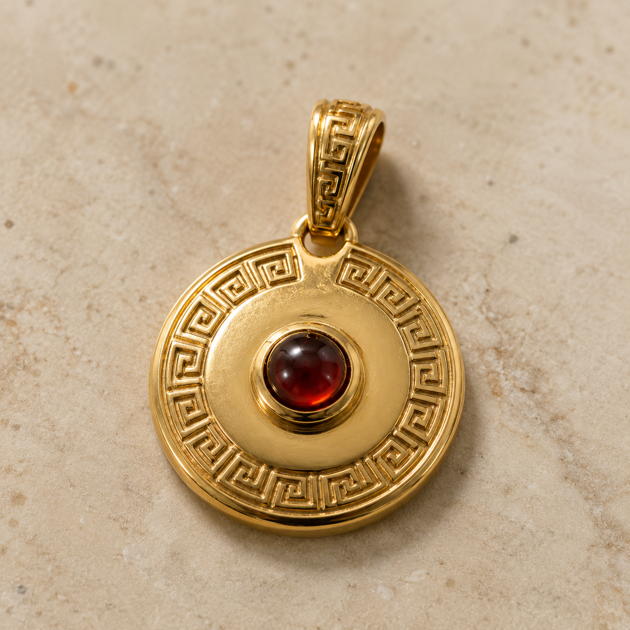 Genuine 9ct 9k 375 Yellow, Rose or White Gold Greek Key 4mm Cabochon Red Garnet 12mm Disc Round Circle Pendant