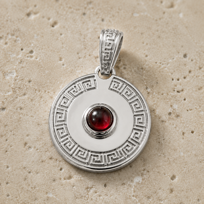 Genuine 9ct 9k 375 Yellow, Rose or White Gold Greek Key 4mm Cabochon Red Garnet 12mm Disc Round Circle Pendant