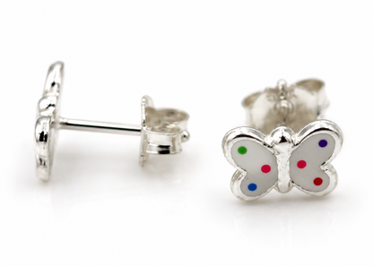Genuine Sterling Silver 925 Enamel Polka Dot Butterfly Stud Earrings