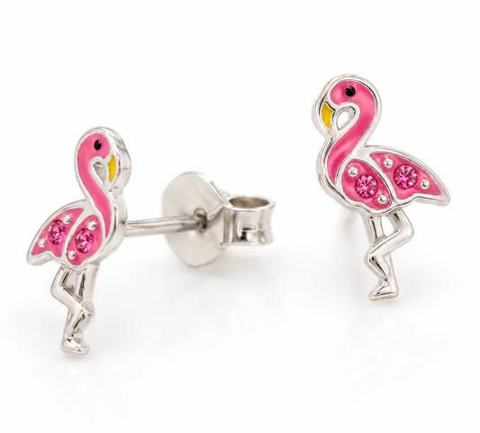 Genuine Sterling Silver 925 Flamingo Studs with Crystal Stud Earrings