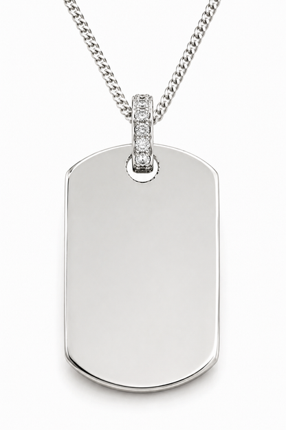 Sterling SIlver 925 Dog Tag Pendant with White CZ Bail Plus Curb Chain Necklace