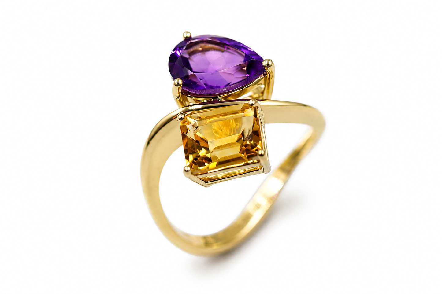 Genuine 18ct 18k 750 Yellow Gold Emerald Cut Citrine + Pear Amethyst Two Stone Ring