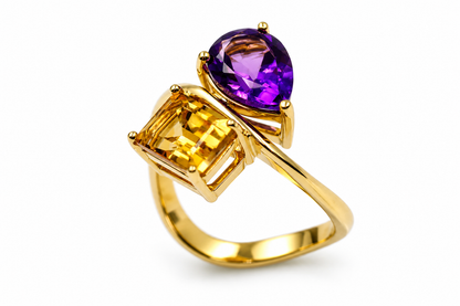 Genuine 18ct 18k 750 Yellow Gold Emerald Cut Citrine + Pear Amethyst Two Stone Ring