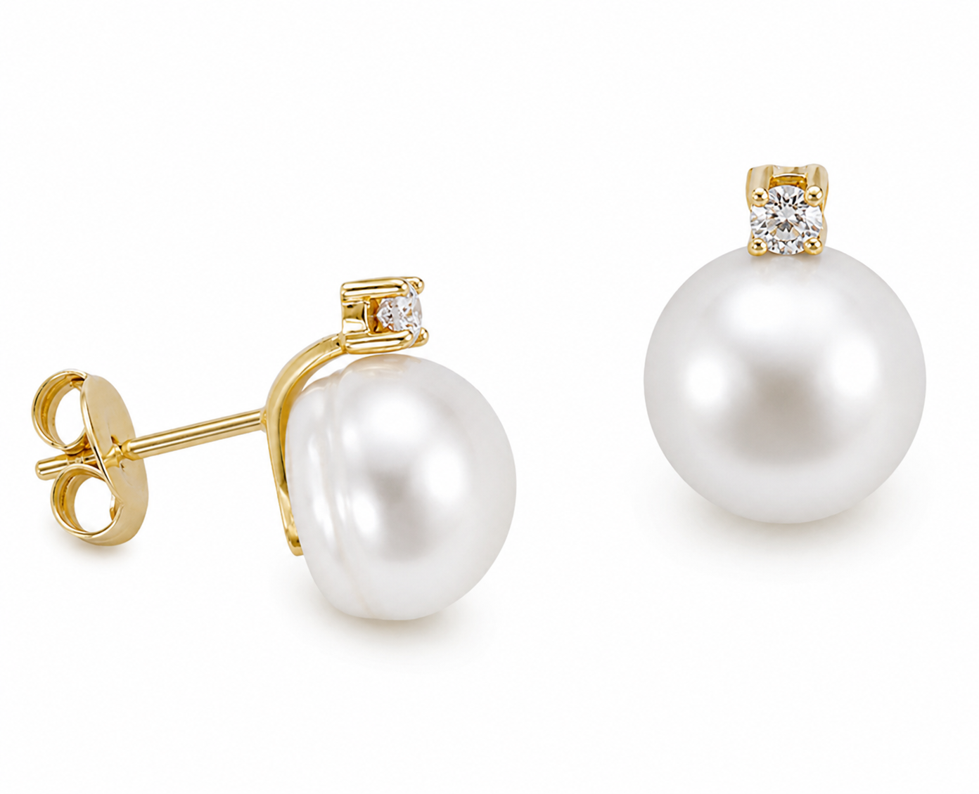 Genuine 9ct 9k 375 9mm Freshwater Cultured Button Pearl & Diamond Studs Earrings