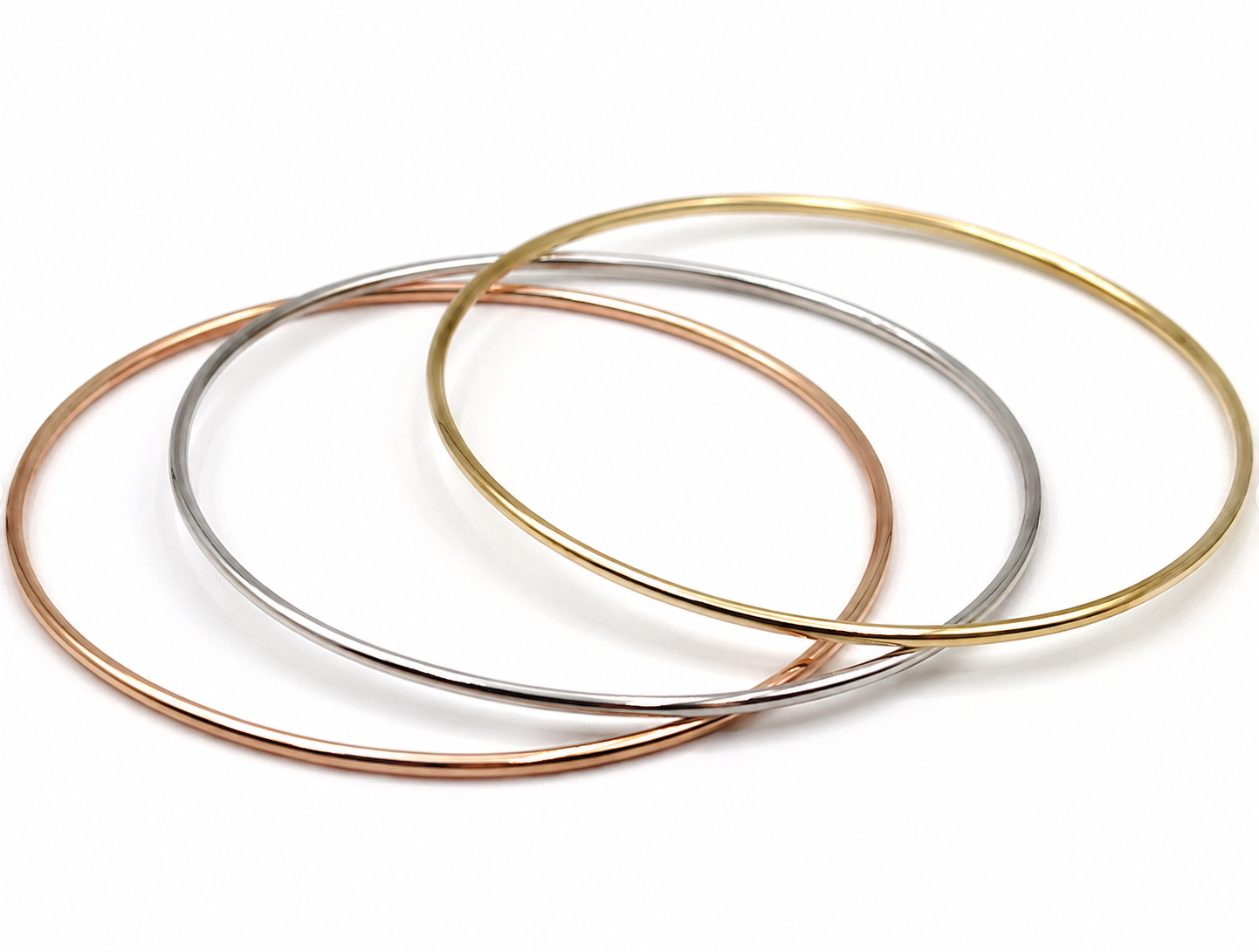Set of 3, Genuine 9ct 9kt 375 Yellow, Rose & White Gold Thin 1.3mm GOLF Bangles 65mm