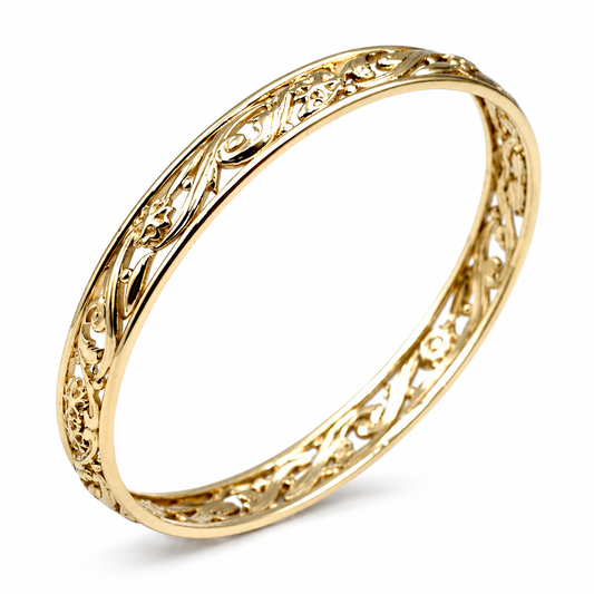 Genuine Heavy 9ct 9K 375 Yellow, Rose or White Gold Filigree Heavy Oval Flower Bangle 70mm x 60mm