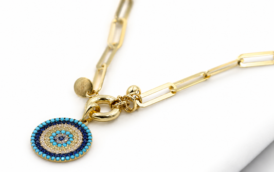 Genuine 65cm 14ct Yellow Gold Paper Clip Chain Necklace Bolt Ring Beaded charms Evil Eye Pendant