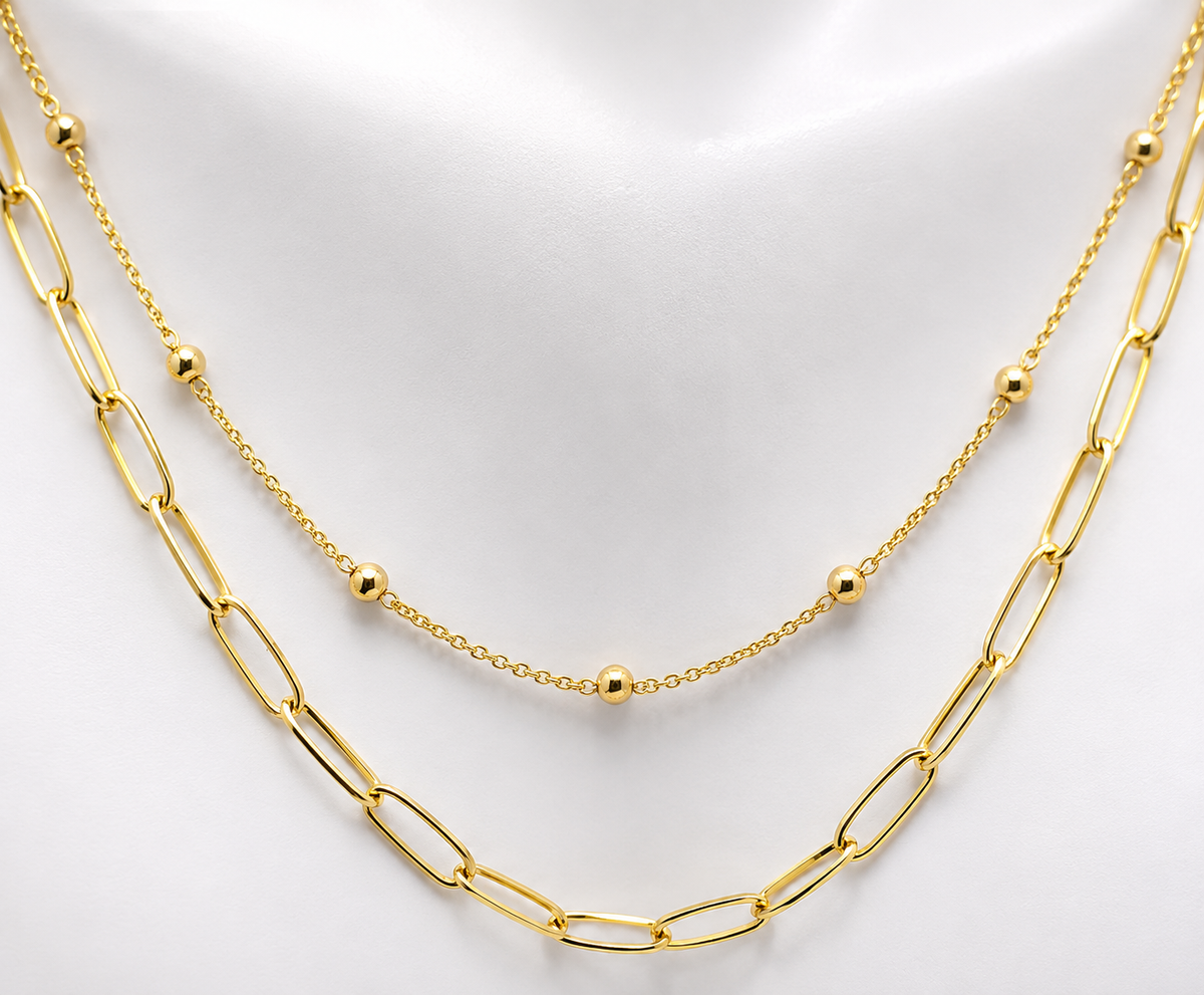 Genuine 46cm 18ct 750 Yellow Gold Paper Clip + Ball Chain Necklace Stackable