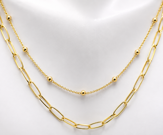 Genuine 46cm 18ct 750 Yellow Gold Paper Clip + Ball Chain Necklace Stackable