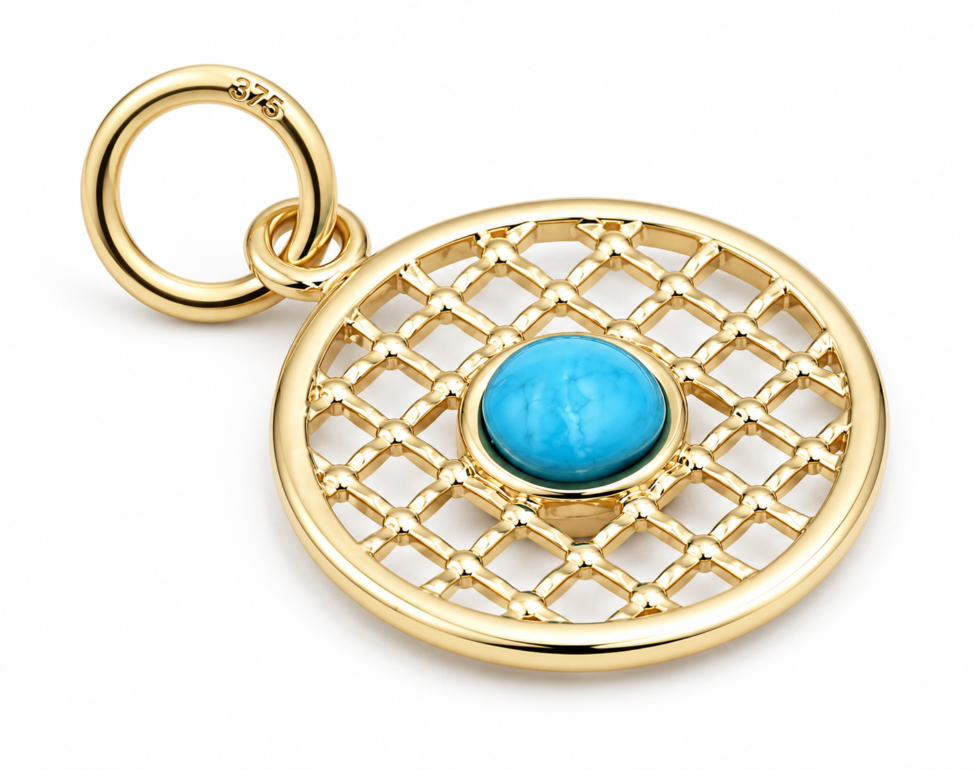 Genuine 9ct 9k 375 Yellow, Rose or White Gold 13.5mm Turquoise Filigree Disc Round Circle Pendant
