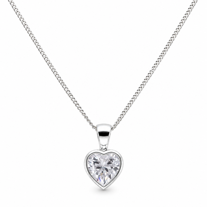 Sterling Silver 925 Small Bezel Set CZ Heart Pendant Charm Necklace
