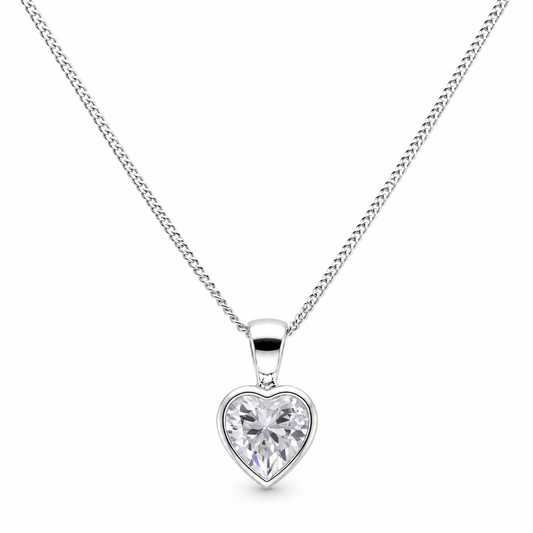 Sterling Silver 925 Small Bezel Set CZ Heart Pendant Charm Necklace