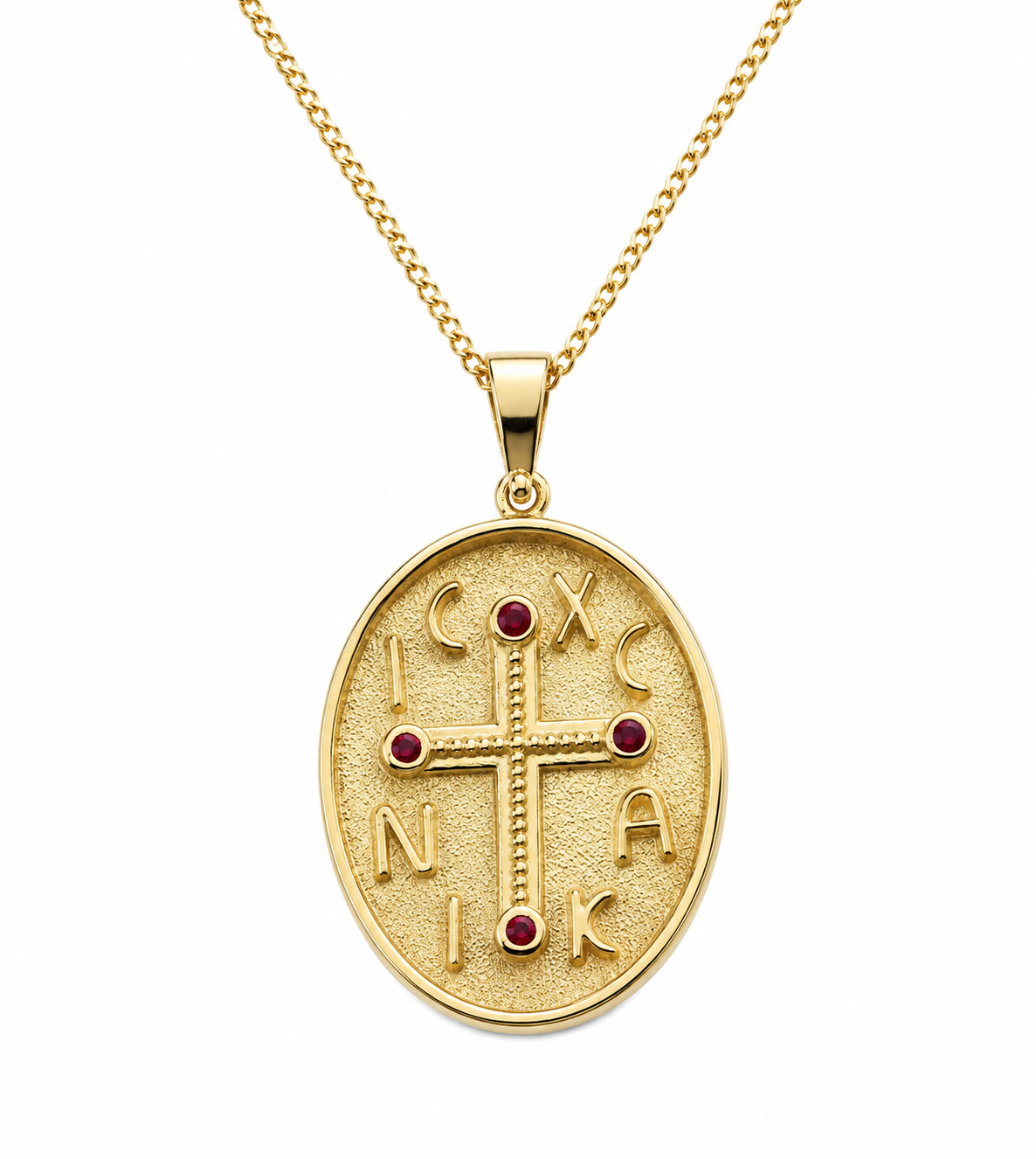 Genuine 18ct 18kt 750 Yellow, Rose or White Gold Byzantine Ruby Cross Pendant + 50cm Necklace Chain