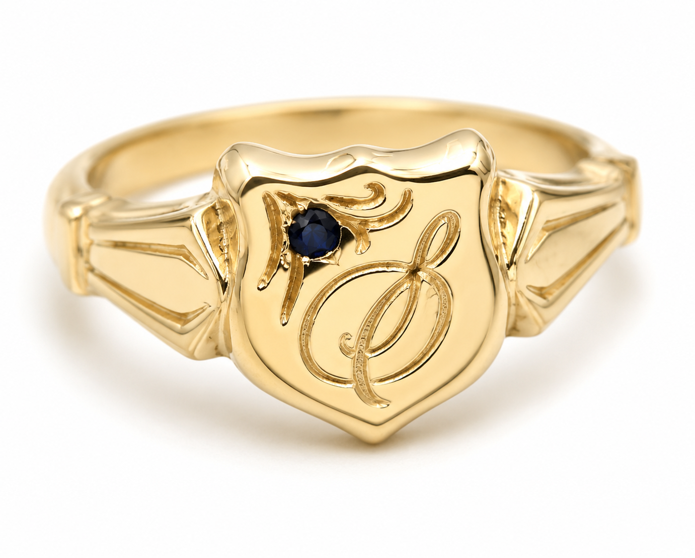 Solid Australian Sapphire 9ct 9k 375 Yellow Gold Shield Signet Ring + Engraving - Choose your ring size H to P