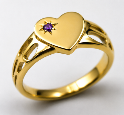 Genuine 9ct 9k 375 Yellow, Rose or White Gold Amethyst (Birthstone Of February) Etched Heart Signet Ring