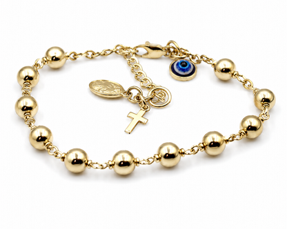 Genuine 9ct 9k 375 Yellow, Rose or White Gold 6mm Ball Rosary Bead bracelet 21cm long + Cross + Evil Eye Charm