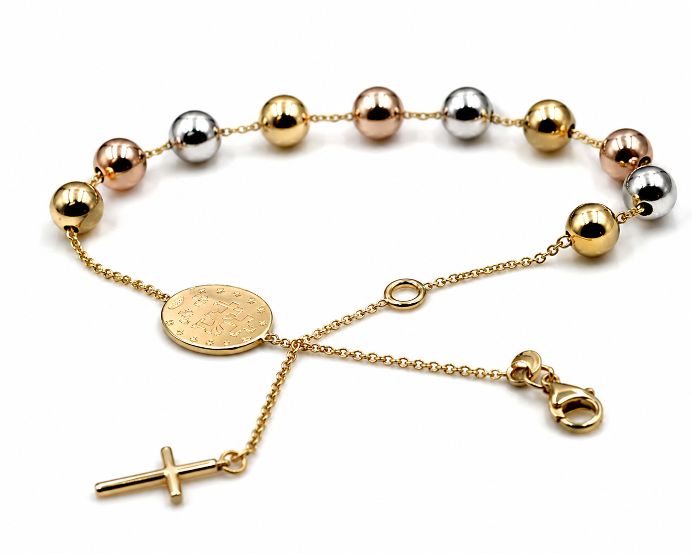 Genuine 18ct 18k 750 Yellow, Rose & White Gold 6mm Ball Rosary Bead bracelet 22cm