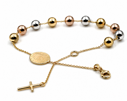 Genuine 18ct 18k 750 Yellow, Rose & White Gold 6mm Ball Rosary Bead bracelet 22cm