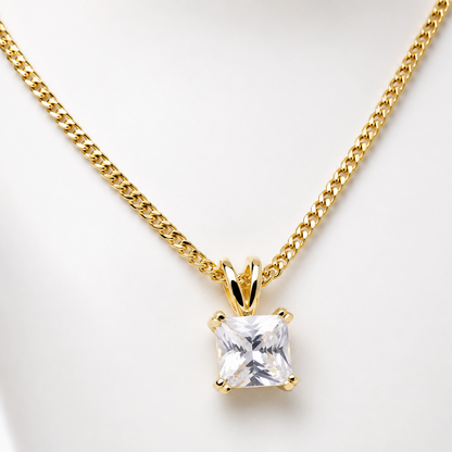 Genuine 9ct Yellow Gold White Cubic Zirconia Square Pendant + Sterling Silver Triple Gold Plated Chain