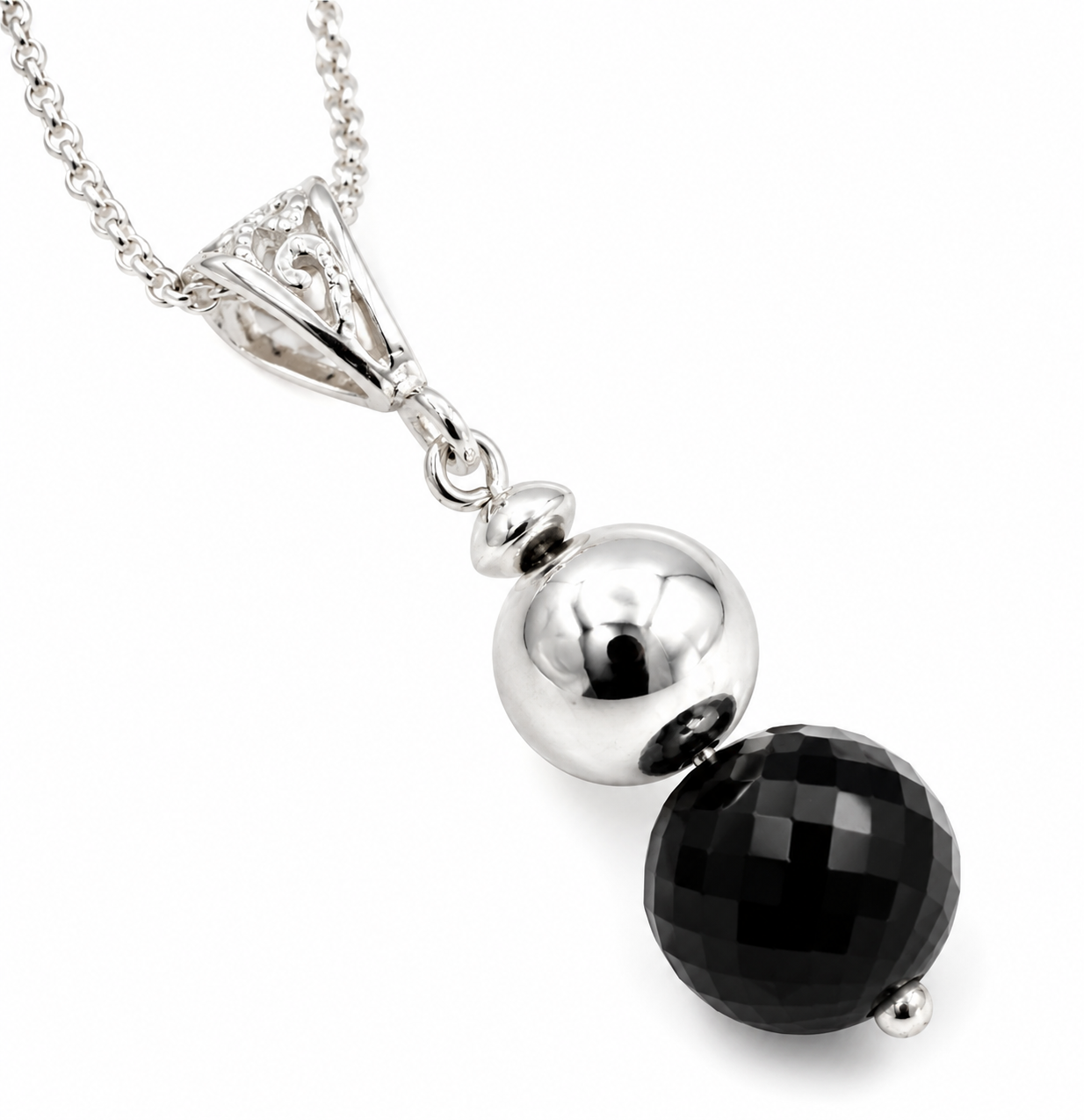 Sterling Silver 925 Silver + Black Onyx Ball Pendant + 50cm Necklace