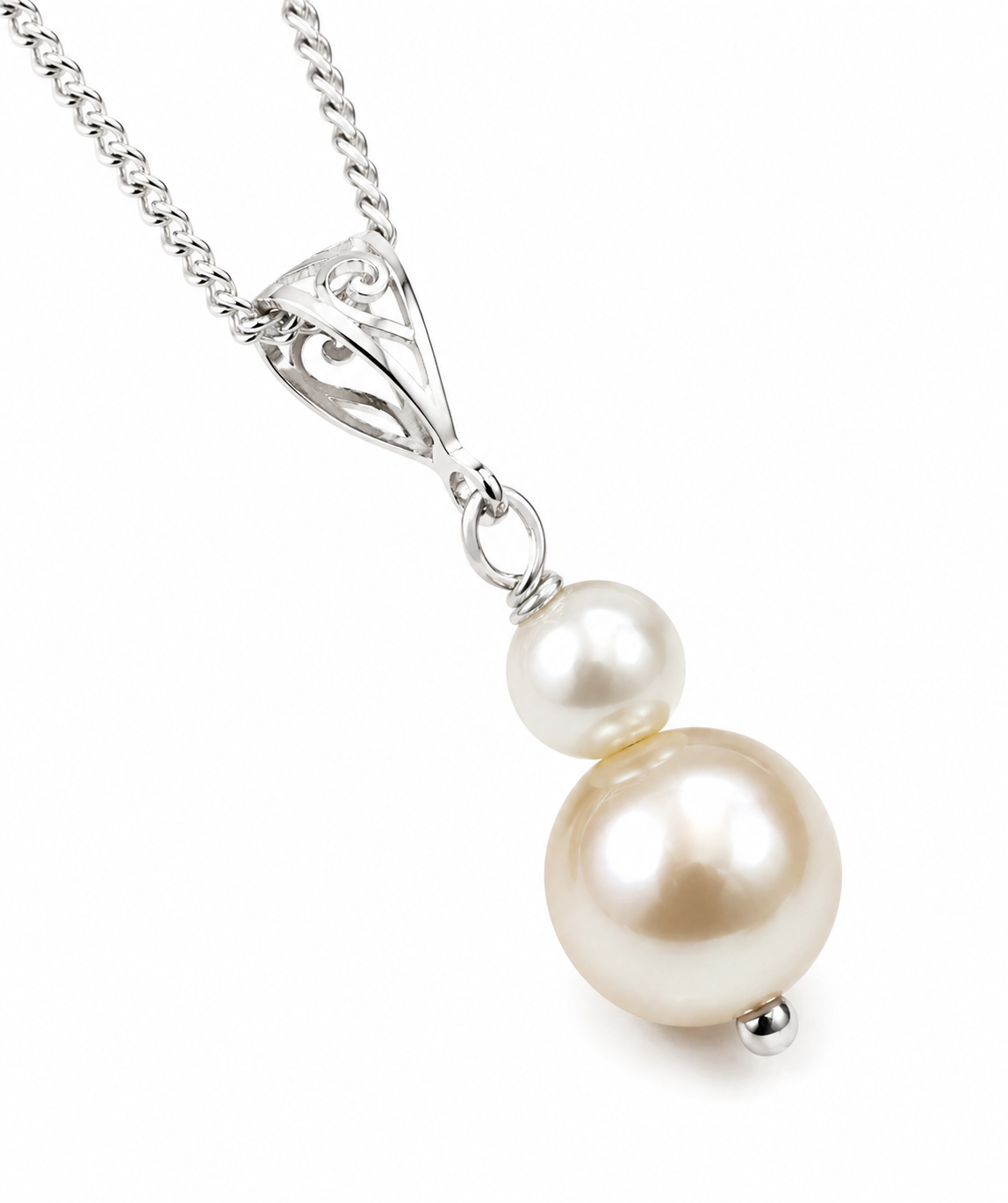 Sterling Silver 925 10x5mm Double Pearl Ball Pendant + 50cm Necklace