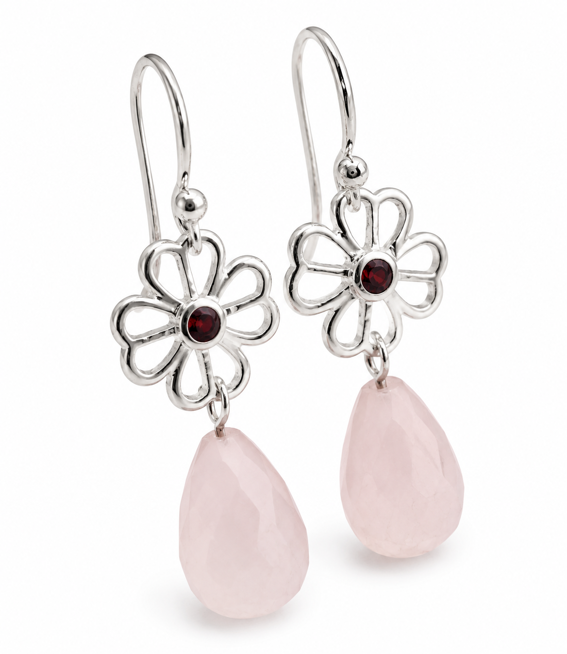 Sterling Silver 925 Rose Quartz + Flower Garnet Drop Hook Earrings