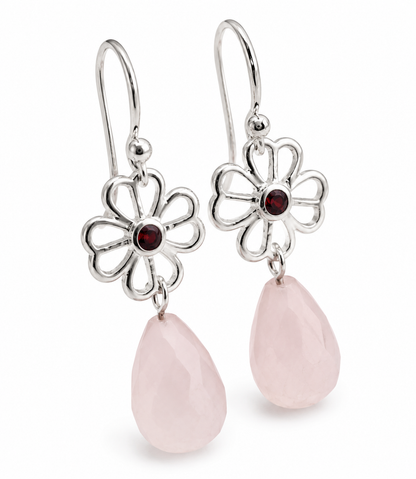 Sterling Silver 925 Rose Quartz + Flower Garnet Drop Hook Earrings
