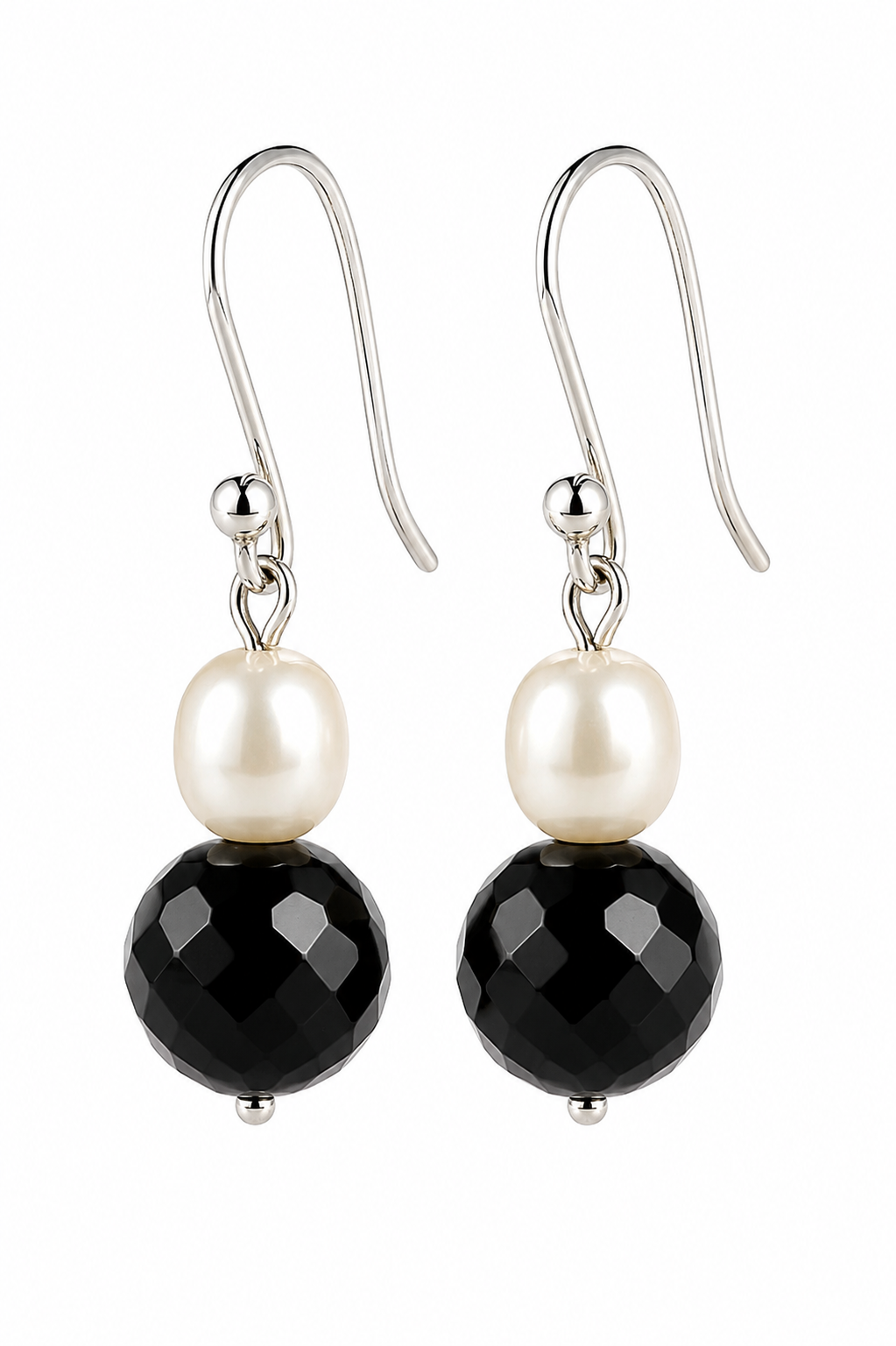 Sterling Silver 925 Freshwater Oval Pearl + Onyx Ball Earrings
