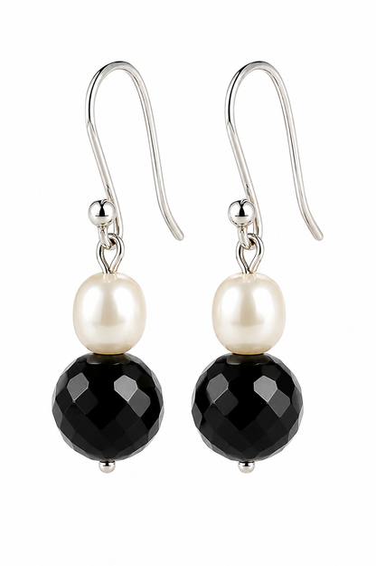 Sterling Silver 925 Freshwater Oval Pearl + Onyx Ball Earrings