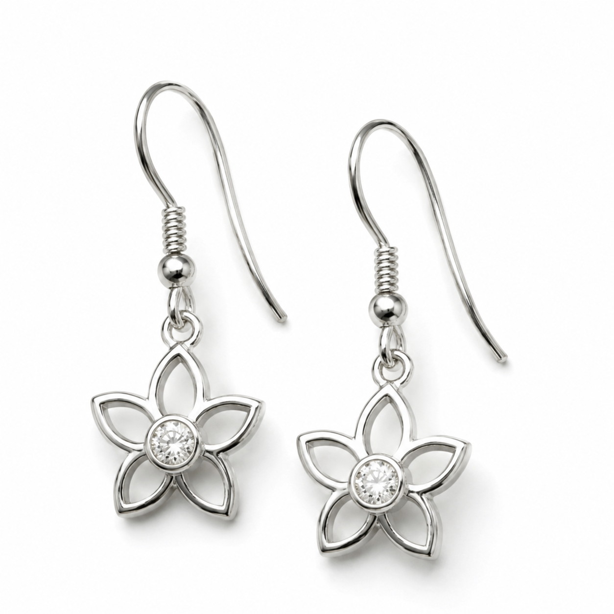Sterling Silver 925 Cubic Zirconia Flower Drop Hook Earrings