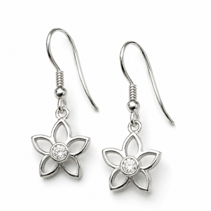 Sterling Silver 925 Cubic Zirconia Flower Drop Hook Earrings