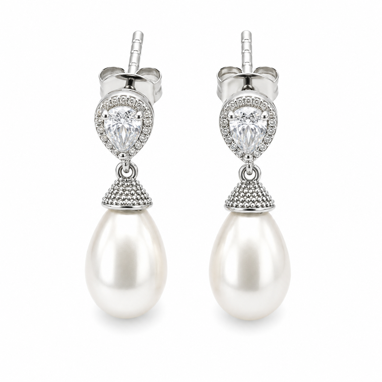 Sterling Silver 925 CZ-Set Shell Pearl Drop Post Earrings