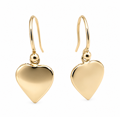 Genuine 9ct 9k 375 Yellow, Rose or White Gold Hook Disc Dangle Heart Earrings