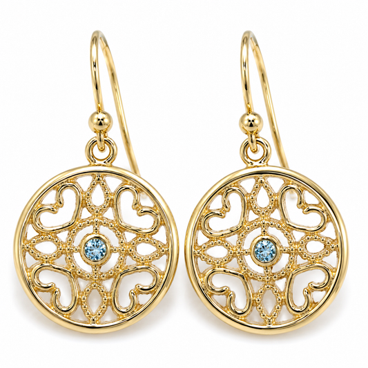 Genuine 9ct 9k 375 Yellow, Rose or White Gold Topaz Disc Heart Filigree Hook Earrings