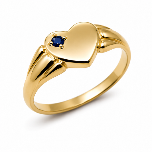 Genuine 9ct 9k 375 Yellow, Rose or White Gold Heart Sapphire Signet Ring - September Birthstone