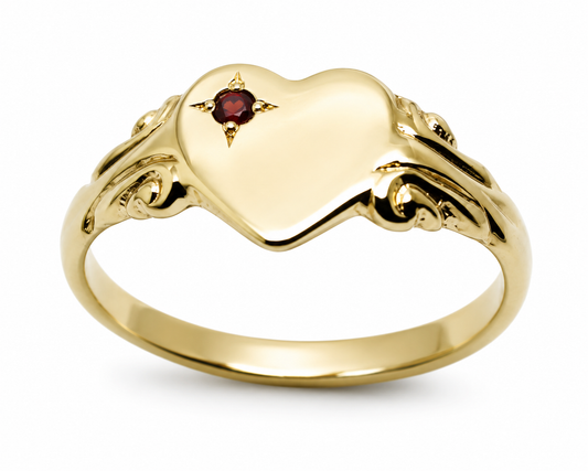 Genuine 9ct 9k 375 Yellow, Rose or White Gold Heart Garnet Signet Ring - January Birthstone