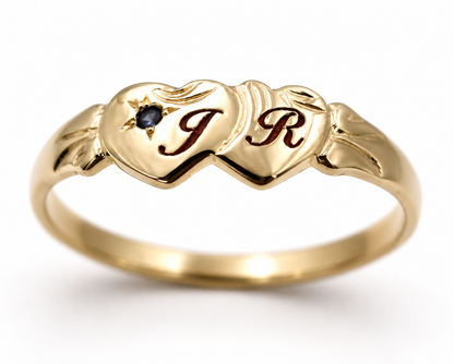 Genuine 9ct 9k 375 Yellow, Rose or White Gold Aust Blue Sapphire Double Heart Signet Ring plus engraving