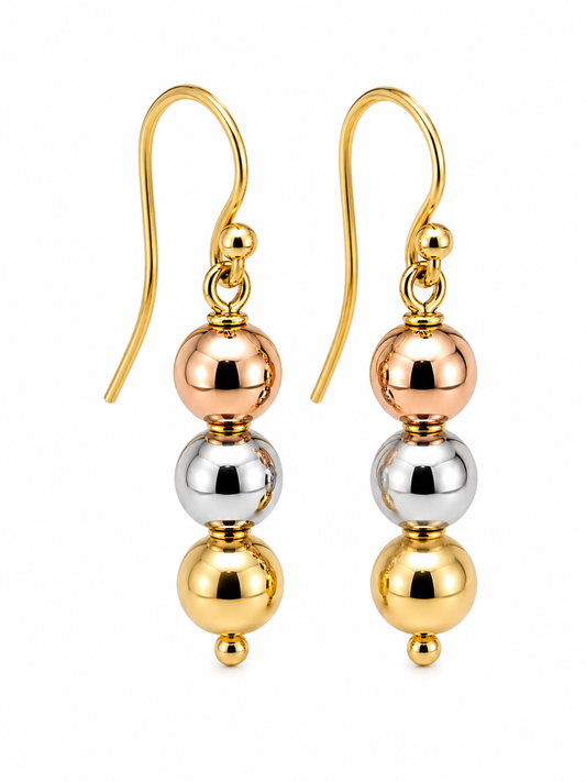 Genuine 9ct 9k 375 Three 3 Ball 9ct Rose, Yellow & White Gold Ball Drop Ball Earrings