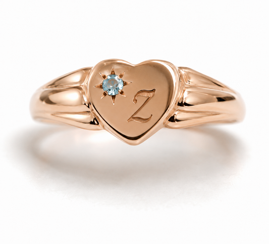 Genuine 9ct 9k 375 Rose Gold Heart Topaz Birthstone November Signet Ring + Engraving - Choose your size I to S