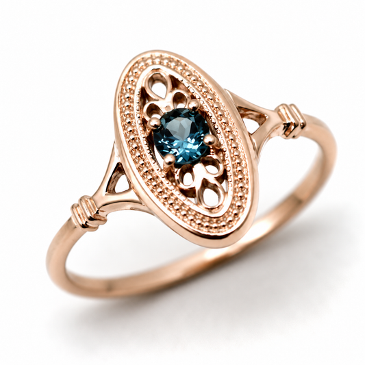 Genuine 9ct 9k 375 Yellow, Rose or White Gold Delicate London Blue Topaz Filigree Ring
