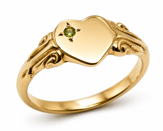 Size H, I or J,  August Birthstone 9ct 9k 375 Yellow, Rose or White Gold 375 Green Peridot Stone Heart Signet Ring