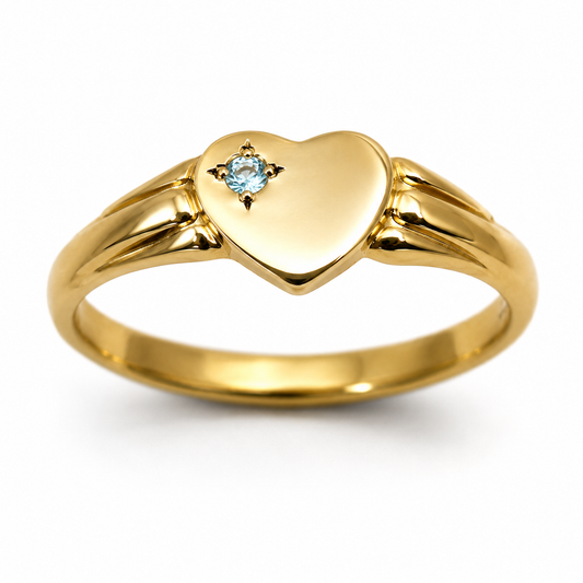 Genuine 9ct 9k 375 Yellow, Rose or White Gold Heart Aquamarine Signet Ring - March Birthstone