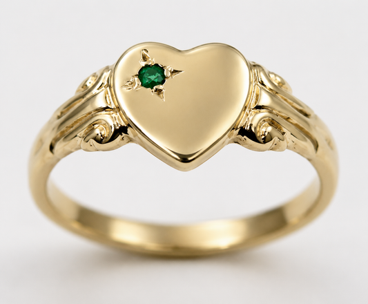 Genuine May Birthstone 9ct 9k 375 Solid Yellow, Rose or White Gold 375 Green Emerald Stone Heart Signet Ring