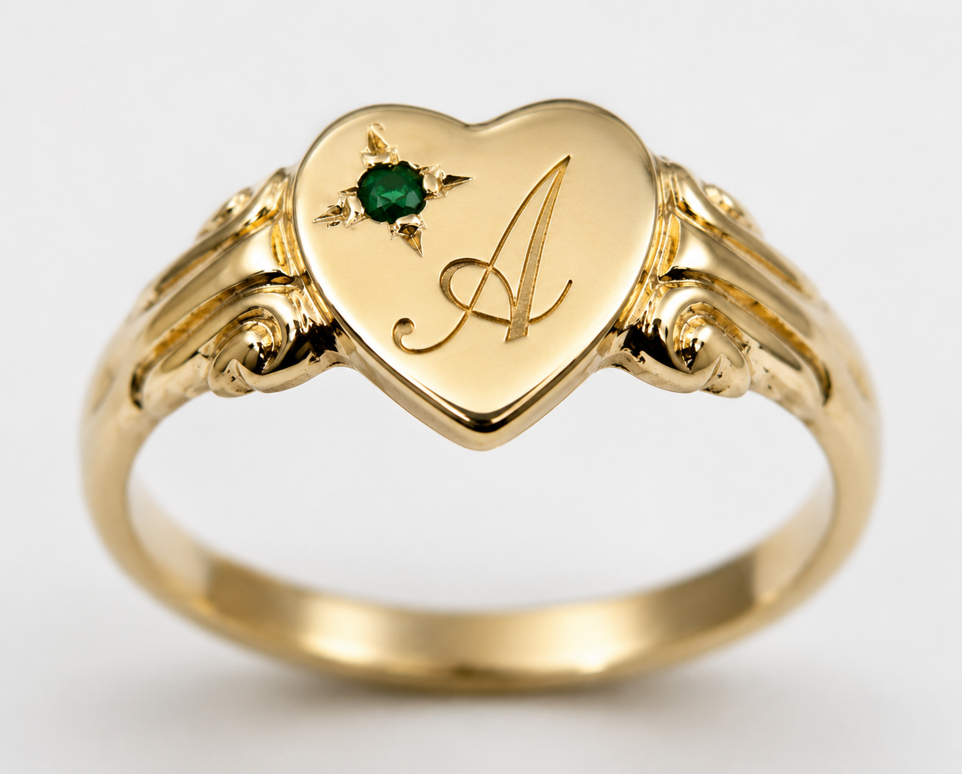Kaedesigns Genuine 9ct 9k 375 Yellow, Rose or White Gold Green Emerald Heart Signet Ring + Engraving