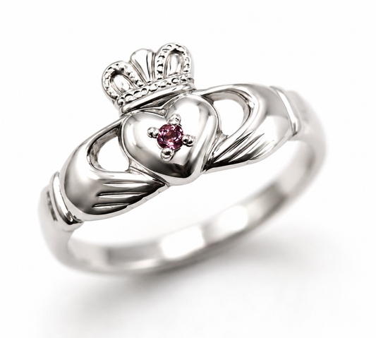 Sterling Silver 925 Pink Tourmaline Claddagh Ring - Choose your size