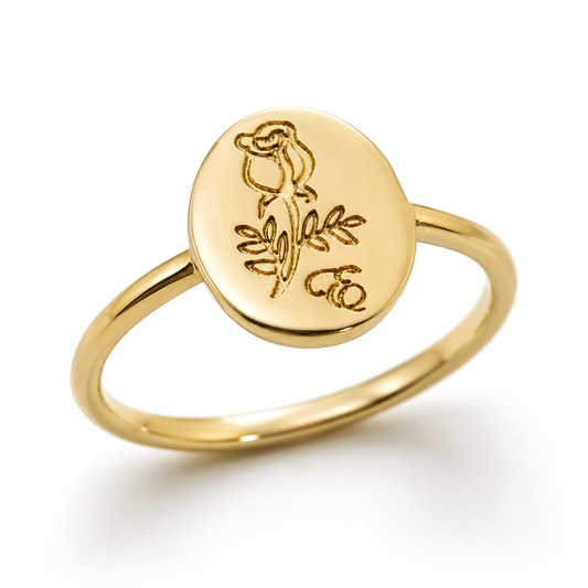 Genuine Size 3.5 / G 1/4 9ct yellow, Rose or White gold oval signet ring with rose and initial